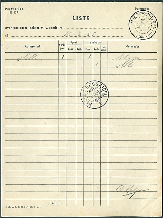 Postliste formular med kronet posthornstempel M/S HØLE benyttet på sejlende brevhus sidestemplet Helle i Høgsfjord d. 16.7.1955.