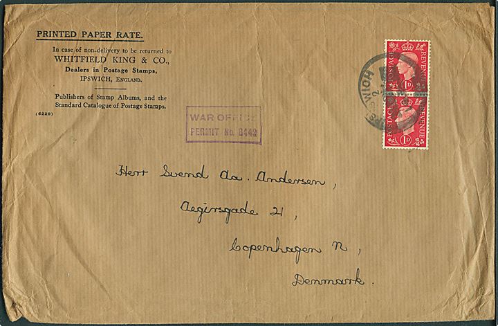 1d George VI i parstykke på tryksag fra Ipswich d. 24.11.1939 til København, Danmark. Rammestempel War Office Permit No. B442.