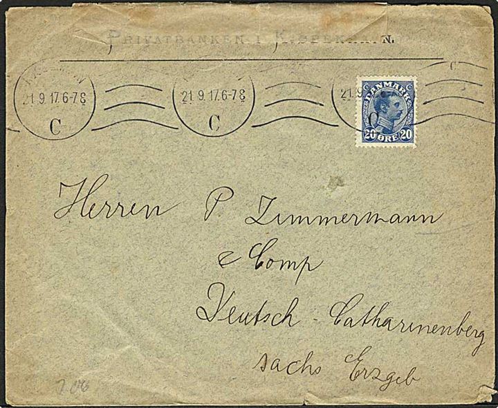 20 øre Chr. X single på brev fra Kjøbenhavn d. 21.9.1917 til Tyskland. Åbnet af tysk censur med svagt censurstempel på bagsiden.