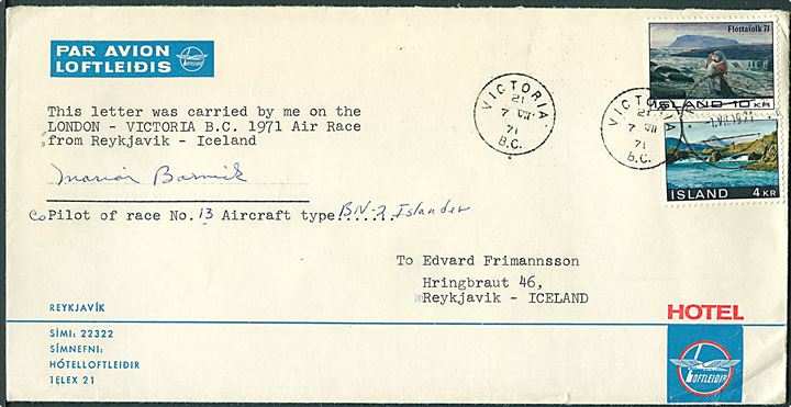 14 kr. på 1971 Air Race kuvert fra Reykjavik d. 1.7.1971 via Victoria, Canada til Reykjavik, Island. Befordret med BN-2 Islander fra Island til Canada.