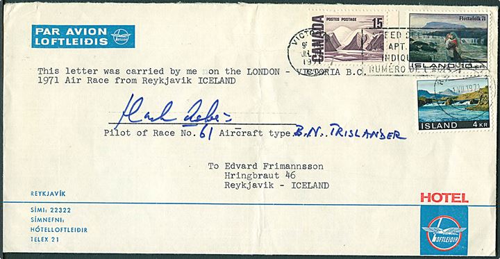 Islandsk 14 kr. og canadisk 15 c. på luftpostbrev stemplet Reykjavik d. 1.7.1971 og Victoria, B.C. d. 10.7.1971 til Reykjavik, Island. Befordret med BN Trislander på 1971 Air Race fra Reykjavik til Canada.