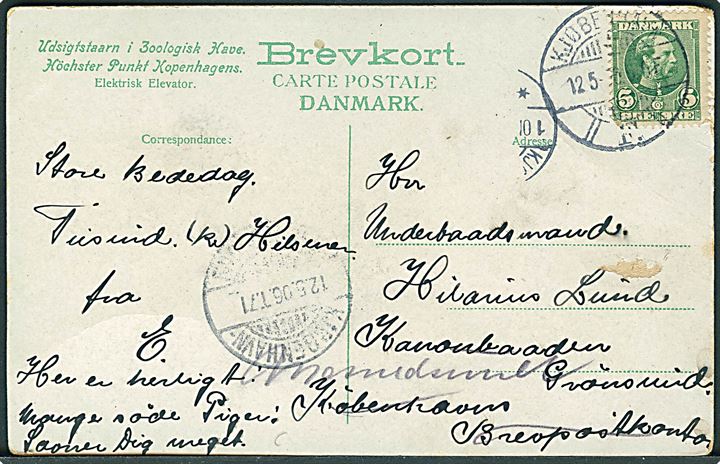 5 øre Chr. IX på brevkort fra Kjøbenhavn d. 12.5.1906 til Underbaadsmand ombord på Kanonbaaden Grønsund via Brevpostkontoret, København - eftersendt til Masnedsund med bureaustempel Kjøbenhavn - Masnedsund T.71 d. 12.5.1906.