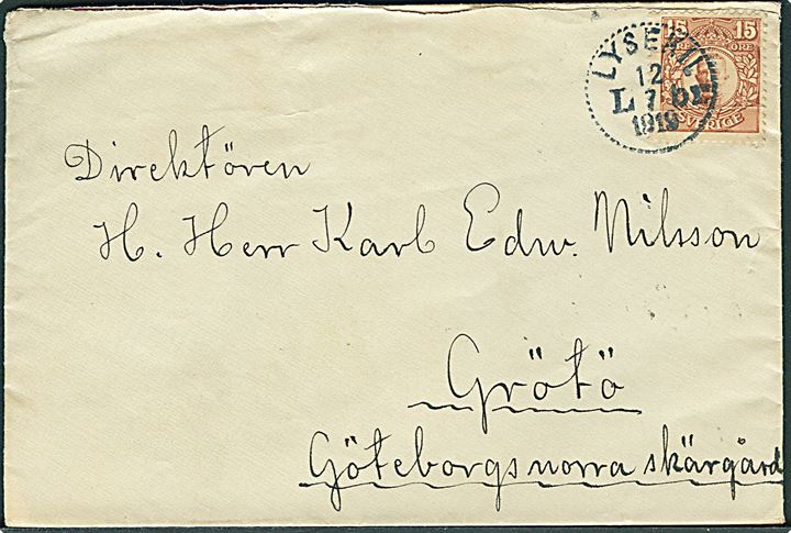 15 öre Gustaf på brev fra Lysekil d. 12.7.1919 til Grötö i Göteborg norra skärgård.
