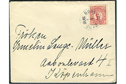 10 öre Gustaf på brev fra Ronneby Redd d. 6.1.1918 til København, Danmark.