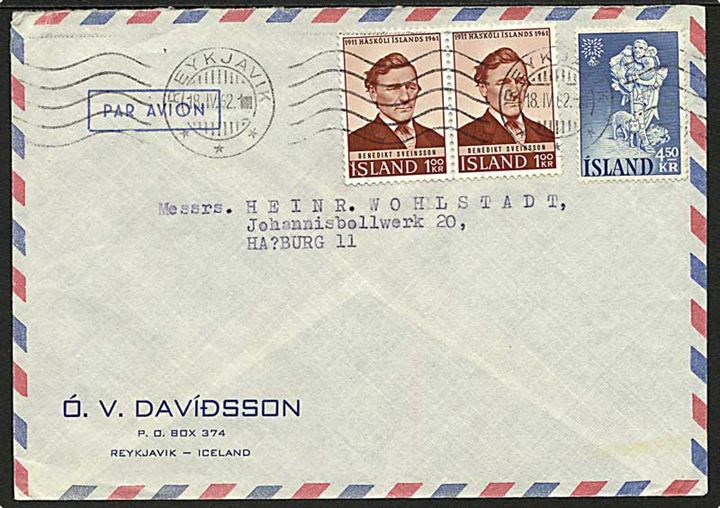 6,50 kr. blandingsfrankeret luftpostbrev fra Reykjavik d. 18.4.1962 til Hamburg, Tyskland.