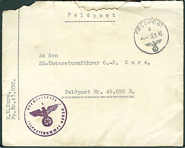 Ufrankeret feltpostbrev stemplet Feldpost d. 18.8.1942 med briefstempel fra Dienststelle Feldpostnummer 47030 (= OT-Einsatzstab Dänemark-Kopenhagen) til SS-Untersturmführer O.-P. Kure ved feldpost-nr. 46050 E (= 4. Kompanie SS-Freikorps Danmark). Flosset i toppen.