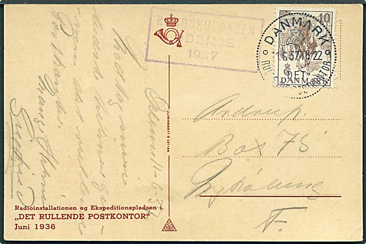 10 øre Regentjubilæum på brevkort annulleret med særstempel Danmark * Det Rullende Postkontor * d. 11.6.1937 og sidestemplet Rundskuedagen Odense 1937 til Nykøbing F.