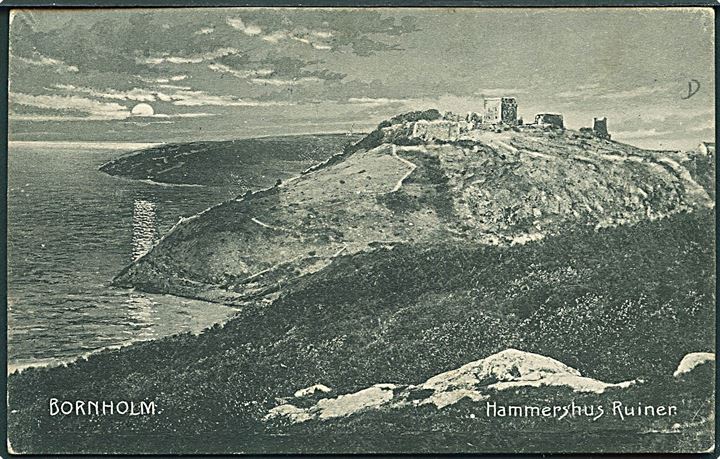 5 øre Chr. IX på brevkort (Hammershus) annulleret med skibsstempel Fra Rønne og sidestemplet Kjøbenhavn d. 18.12.1906 til København.