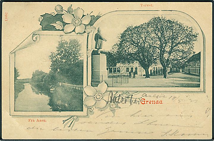 10 øre Våben på brevkort (Grenaa. Torvet og Aaen) annulleret med lapidar bureaustempel Aarhus - Grenaa d. 18.9.1899 til Hamburg, Tyskland.