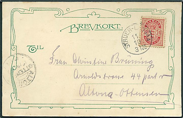 10 øre Våben på brevkort fra Holstebro annulleret med lapidar bureaustempel Struer - Langaa d. 11.10.1900 til Altona, Tyskland.