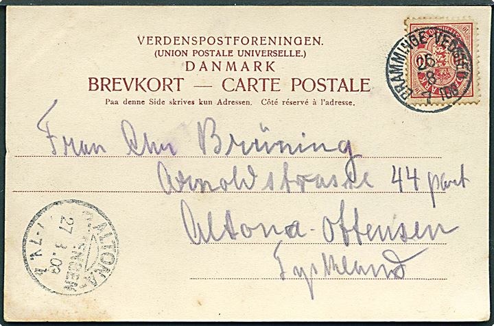 10 øre Våben på brevkort fra Ribe annulleret med lapidar bureaustempel Bramminge - Vedsted d. 26.8.1903 til Altona, Tyskland.