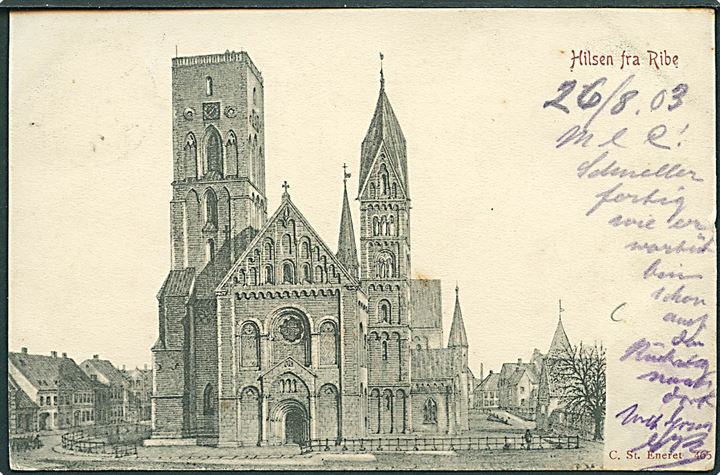 10 øre Våben på brevkort fra Ribe annulleret med lapidar bureaustempel Bramminge - Vedsted d. 26.8.1903 til Altona, Tyskland.