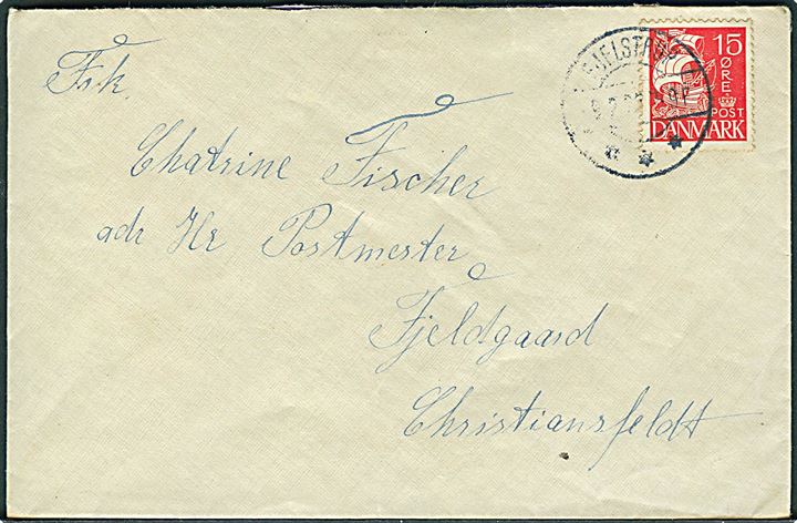 15 øre Karavel på brev annulleret med brotype IIb Fjelstrup d. 9.2.1928 til Christiansfeld.