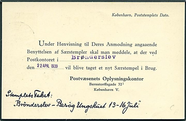 7 øre helsagsbrevkort (fabr. 127) fra Postvæsnets Oplysningskontor stemplet København d. 14.4.1939 til København. Meddelelse om benyttelse af særstempel ved Brønderslev postkontor.