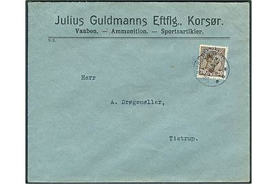 20 øre Chr. X med perfin J.G.E. på firmakuvert fra Julius Guldmands Eftflg. i Korsør d. 16.3.1925 til Tistrup.