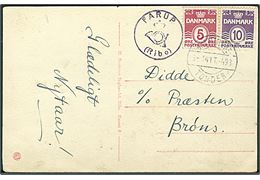 5 øre og 10 øre Bølgelinie på brevkort (Kongensgade i Ribe) annulleret med bureaustempel Bramminge - Tønder sn2 T.493 d. 3.1.1941 og sidestemplet med posthornstempel FARUP (Ribe) til Brøns.