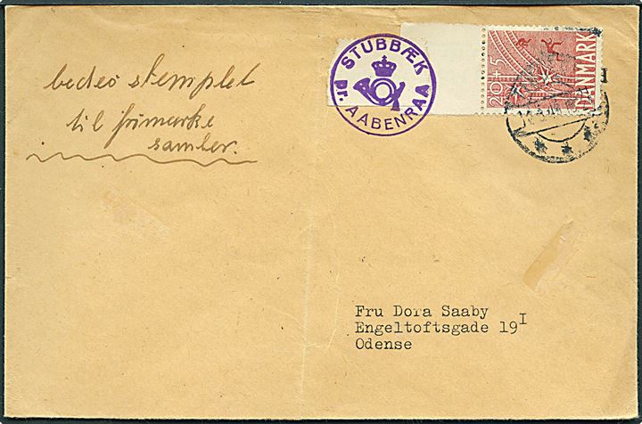 20+5 øre Frihedsfonden på filatelistisk brev stemplet Tinglev d. 16.3.1949 og sidestemplet med posthornstempel STUBBÆK pr. AABENRAA til Odense.