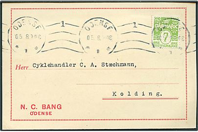 7 øre Bølgelinie med perfin NCB på brevkort fra firma N.C.Bang i Odense d. 10.5.1928 til Kolding.