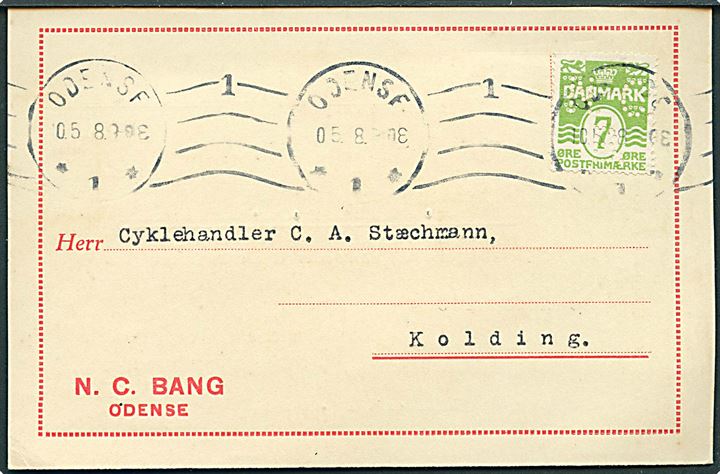 7 øre Bølgelinie med perfin NCB på brevkort fra firma N.C.Bang i Odense d. 10.5.1928 til Kolding.