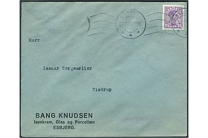 15 øre Chr. X med perfin B.K. på firmakuvert fra Bang Knudsen sendt som forretningspapirer fra Esbjerg d. 23.3.1925 til Tistrup.