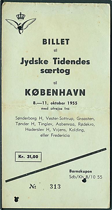 Billet til Jydske Tidendes særtog til København 8.-11. oktober 1955.