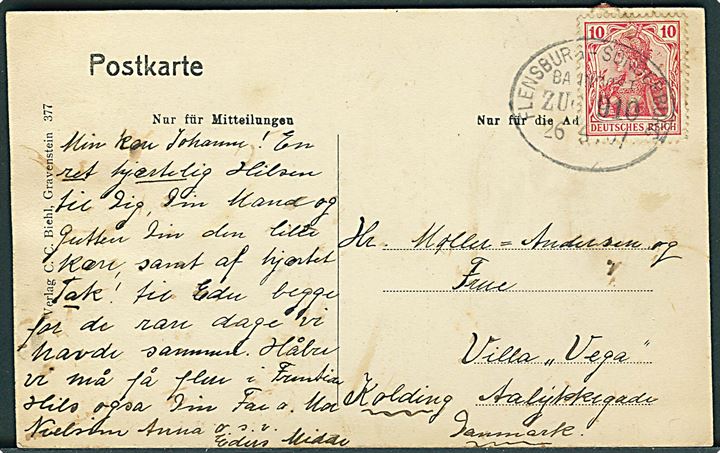 10 pfg. Germania på brevkort fra Gråsten annulleret med bureaustempel Flensburg - Sonderburg Bahnpost Zug 910 d. 26.6.1907 til Kolding, Danmark.