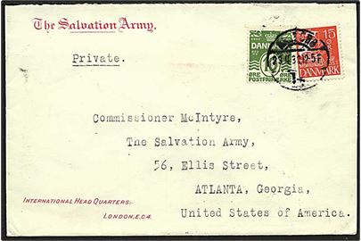 10 øre Bølgelinie og 15 øre Karavel på fortrykt The Salvation Army kuvert stemplet Aalborg B. d. 23.4.1930 til Atlanta, USA.