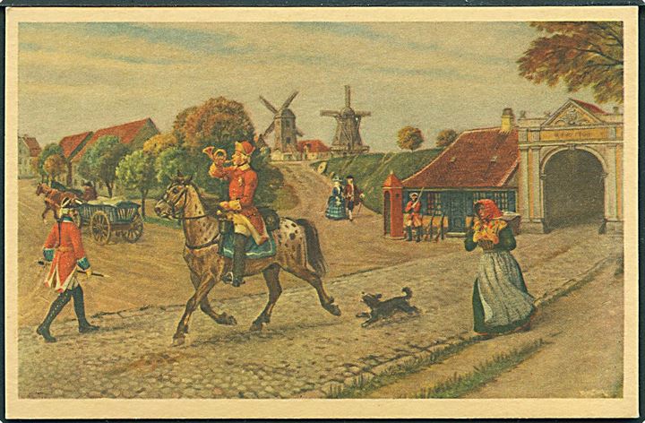 3 postkort: C. W. Eckersberg: Bæltsmakke med passagerer & R. Christiansen: Kugleposten, Københavns Vester Port, Postrytter, Københavns Nørre Port. U/no. 