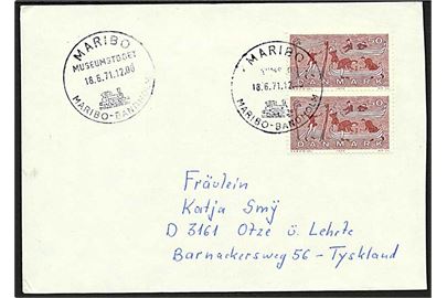 50 øre Skibsfart i par på brev annulleret med særstempel Maribo Museumstoget Maribo-Bandholm d. 18.6.1971 til Otze, Tyskland.