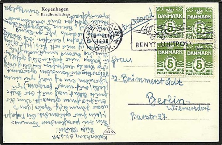 5 øre Bølgelinie i 2 lodrette automat-par med afskæring på brevkort fra København d. 8.6.1938 til Berlin, Tyskland.