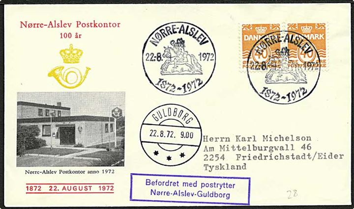 40 øre Bølgelinie i par på ill. kuvert annulleret med særstempel Nørre-Alslev 1872-1972 d. 22.8.1972 til Friedrichstadt, Tyskland. Befordret med postrytter fra Nr.-Alslev til Guldborg.