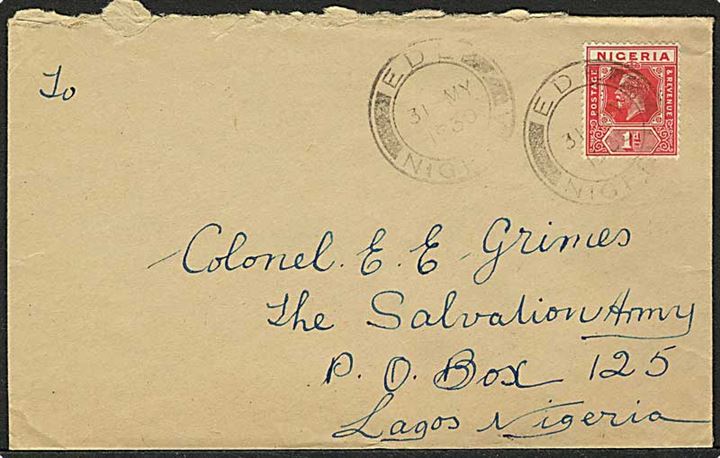 1d George V single på indenrigsbrev fra Ede d. 31.5.1930 til Lagos.