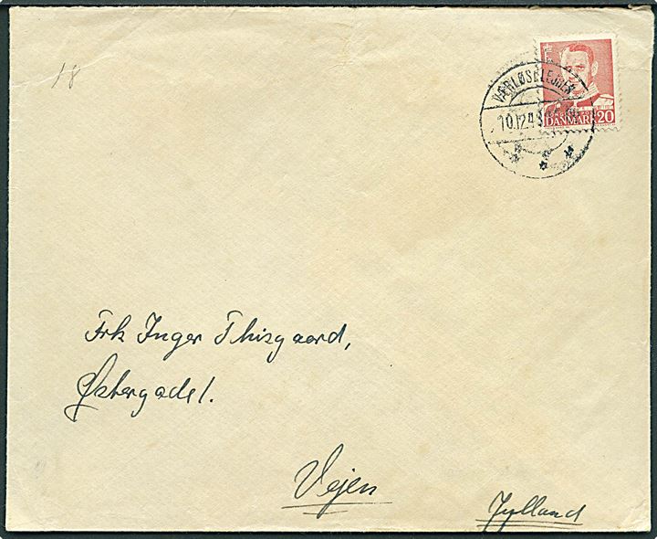 20 øre Fr. IX på brev annulleret med brotype IId Værløselejren d. 10.12.1948 til Vejen.
