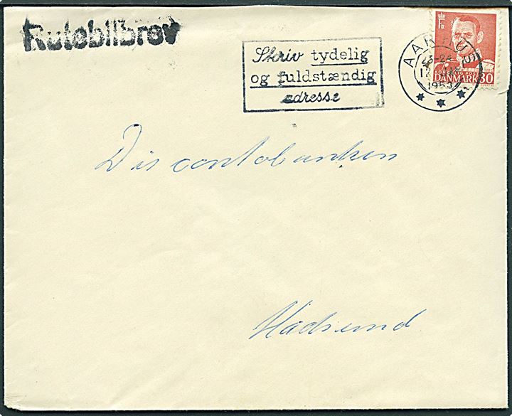 30 øre Fr. IX på brev stemplet Aarhus d. 12.1.1953 og sidestemplet Rutebilbrev til Hadsund.