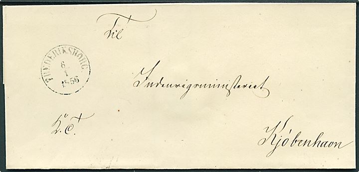 1856. Ufrankeret tjenestebrev med antiqua Frederiksborg d. 6.1.1856 til Indenrigsministeriet i Kjøbenhavn.