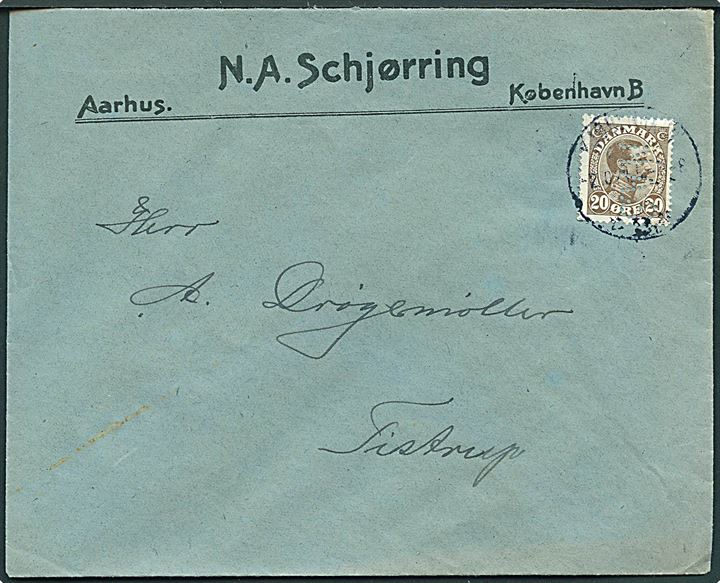 20 øre Chr. X med perfin N.A.S. på firmakuvert fra N.A.Schjørring stemplet Kjøbenhavn d. 2.10.1923 til Tistrup.