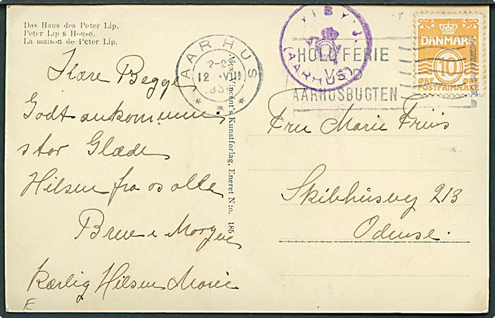 10 øre Bølgelinie på brevkort stemplet Aarhus d. 12.8.1934 og sidestemplet posthornstempel VIBY J. (AARHUS) til Odense.