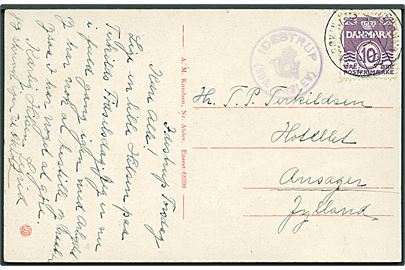 10 øre Bølgelinie på brevkort (De gamles Hjem, Idestrup) annulleret med svagt bureaustempel København - Nykøbing Fl. T.112 d. 22.8.1939 (?) og sidestempletr med posthornstempel IDESTRUP (SDR. ØRSLEV) til Ansager.