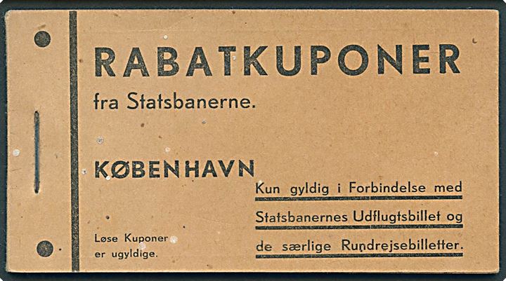 Rabatkuponer fra Statsbanerne. København (D.S.B. 1938 SLM). Hæfte med 15 kuponer til bl.a. Rigsdagslokalerne, Carlsberg Bryggerierne og Gribskovbanen. 1 kupon udtaget.
