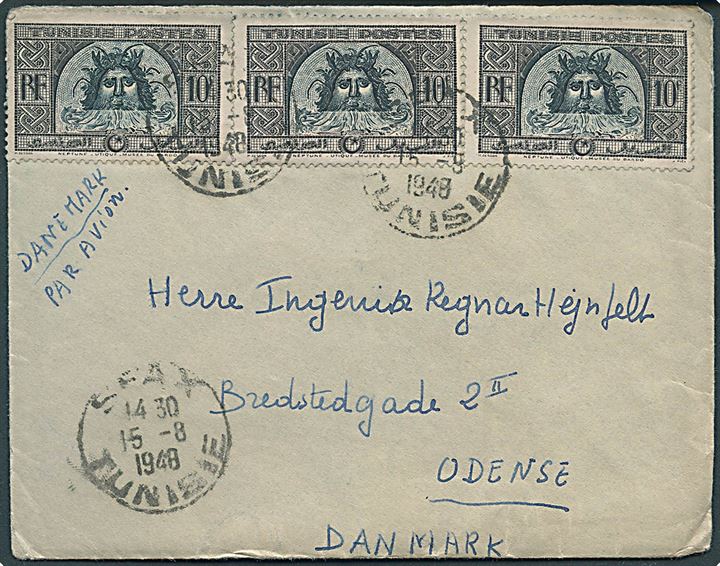 10 fr. (3) på luftpostbrev fra Sfax d. 15.8.1948 til Odense, Danmark. Bagklap mgl.