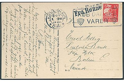 15 øre Karavel på brevkort annulleret med TMS i København d. 3.7.1928 og sidestemplet Fra Rønne til Berlin, Tyskland.