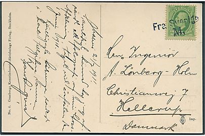 5 öre Oscar på brevkort fra Malmö d. 21.7.1911 annulleret med skibsstempel Fra Sverige M. til Hellerup, Danmark.