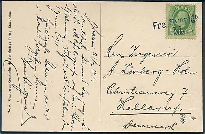5 öre Oscar på brevkort fra Malmö d. 21.7.1911 annulleret med skibsstempel Fra Sverige M. til Hellerup, Danmark.