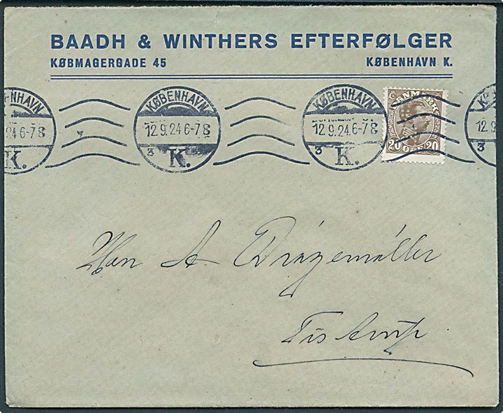 20 øre Chr. X med perfin BWE på firmakuvert fra Baadh & Winthers Efterfølger i København d. 12.9.1924 til Tistrup.