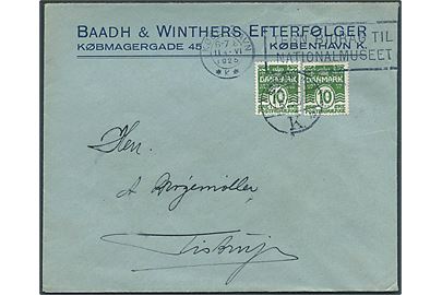 10 øre Bølgelinie (2) med perfin BWE på firmakuvert fra Baadh & Winthers Efterfølger i København d. 11.6.1925 til Tistrup.