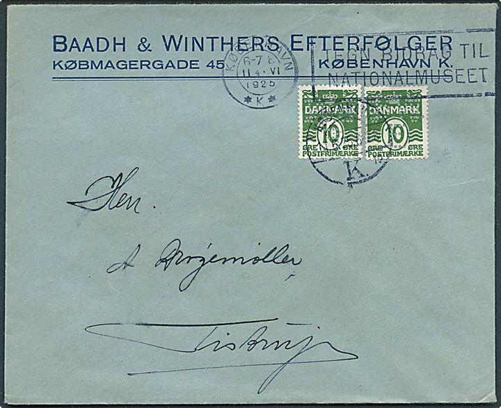10 øre Bølgelinie (2) med perfin BWE på firmakuvert fra Baadh & Winthers Efterfølger i København d. 11.6.1925 til Tistrup.