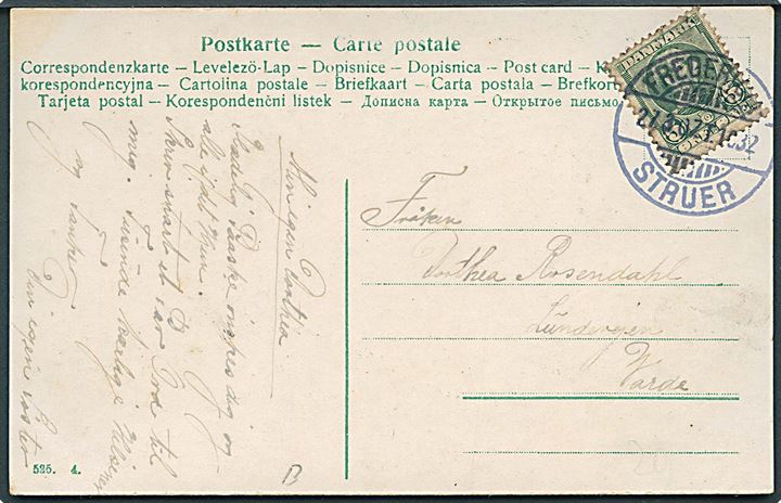5 øre Chr. IX på brevkort annulleret med bureaustempel Fredericia - Struer T.1032 d. 27.3.1907 til Varde.