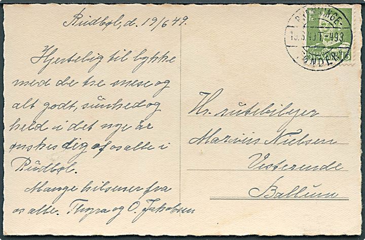 15 øre Fr. IX på brevkort fra Rudbøl annulleret med bureaustempel Bramminge - Tønder T.493 d. 19.6.1949 til Ballum.