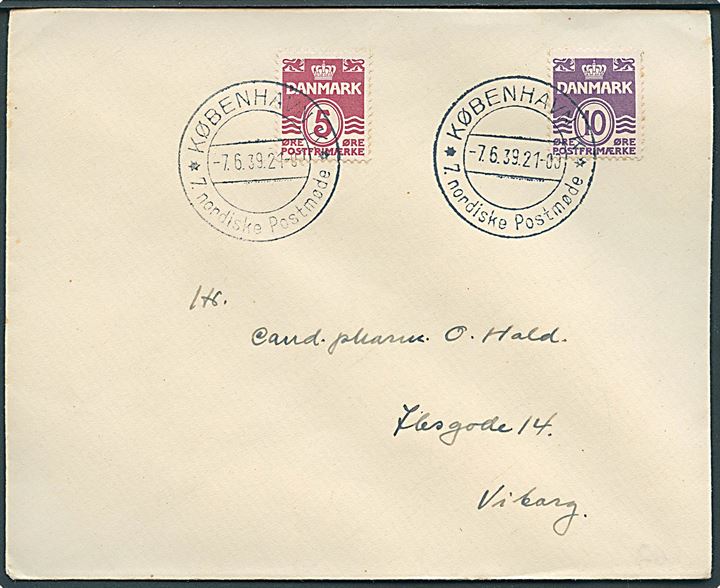 5 øre og 10 øre Bølgelinie på brev annulleret med særstempel København K * 7. nordiske Postmøde * d. 7.6.1939 til Viborg. Midlertidigt postkontor på Christiansborg.