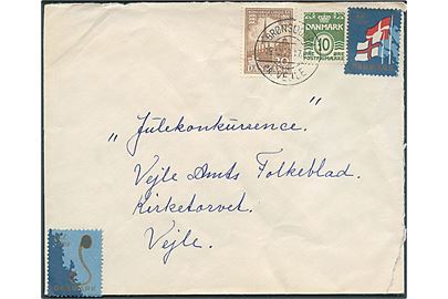 10 øre Bølgelinie og 20 øre 1000 års udg. på brev annulleret med pr.-stempel Brønsodde pr. Vejle d. 19.12.1959 til Vejle.